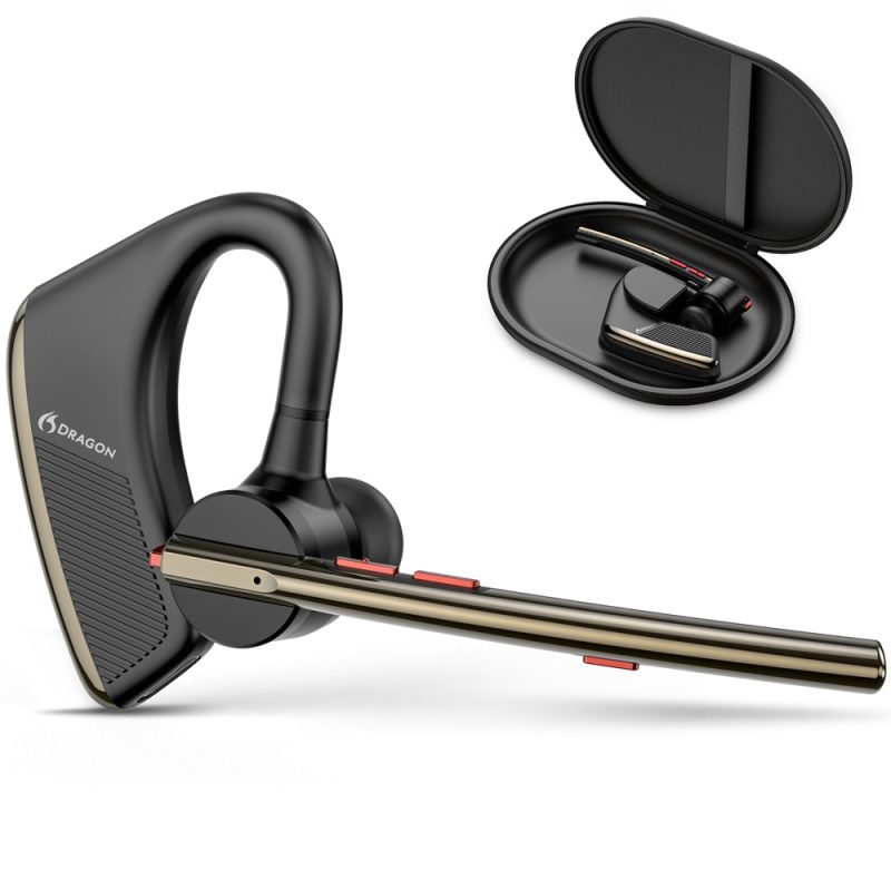 Dragon Bluetooth Headset with Noise Cancelling Mic, Bluetooth Earpiece for Business & Office Teams, Charging Case & Dongle
